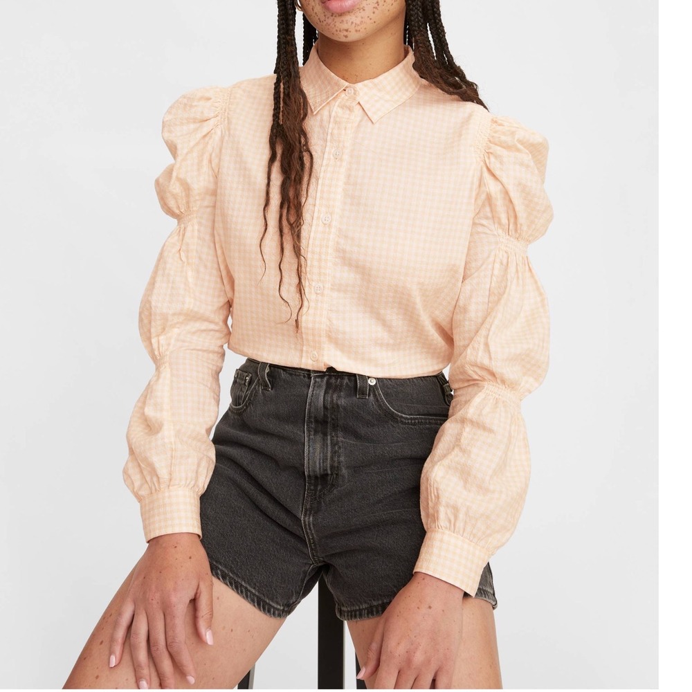 Levi's Zuma Cinched Sleeve Blouse Orange Plaid Small NWT Western Funky